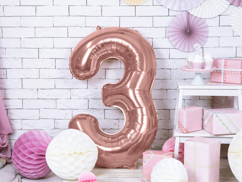 Fóliový balónek 86 cm – Číslo 3 v růžovozlaté (Rosé Gold)