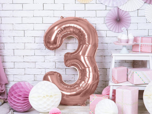 Fóliový balónek 86 cm – Číslo 3 v růžovozlaté (Rosé Gold)