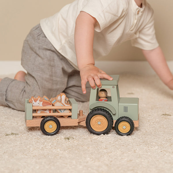 Dřevěný traktor s přívěsem a figurkami – Herní sada Little Farm
