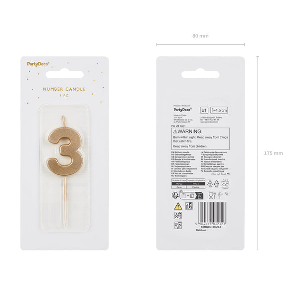 Narozeninová svíčka 4,5 cm – Číslo 3 zlatá