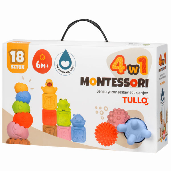 Sada senzorických kostek Montessori 18 dílů s pyramidou, míčky a zvířátky