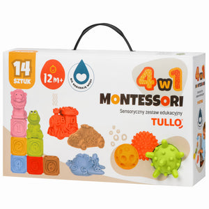 Sada senzorických kostek Montessori 14 dílů s pyramidou, míčky, vozidly a zvířátky