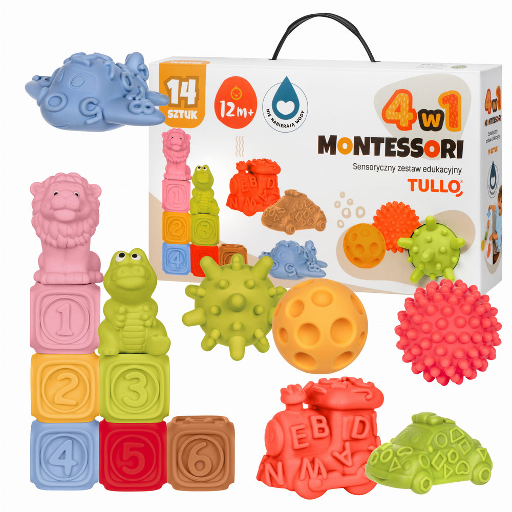Sada senzorických kostek Montessori 14 dílů s pyramidou, míčky, vozidly a zvířátky