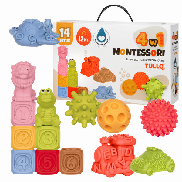Sada senzorických kostek Montessori 14 dílů s pyramidou, míčky, vozidly a zvířátky