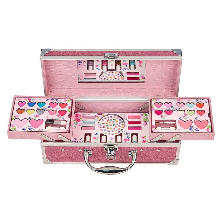 Aufgeklappter Schminkkoffer mit Lidschatten, Lipgloss und Nagellack