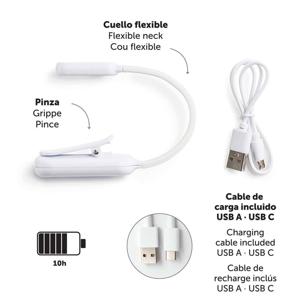 LED lampička na čtení knih s USB připojením – bílá