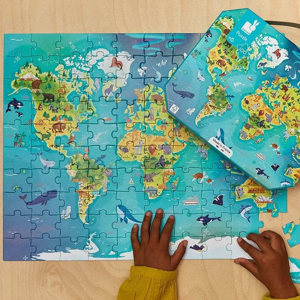 Puzzle v kufru, vyrobeno ve Francii – Mapa světa, 100 dílků