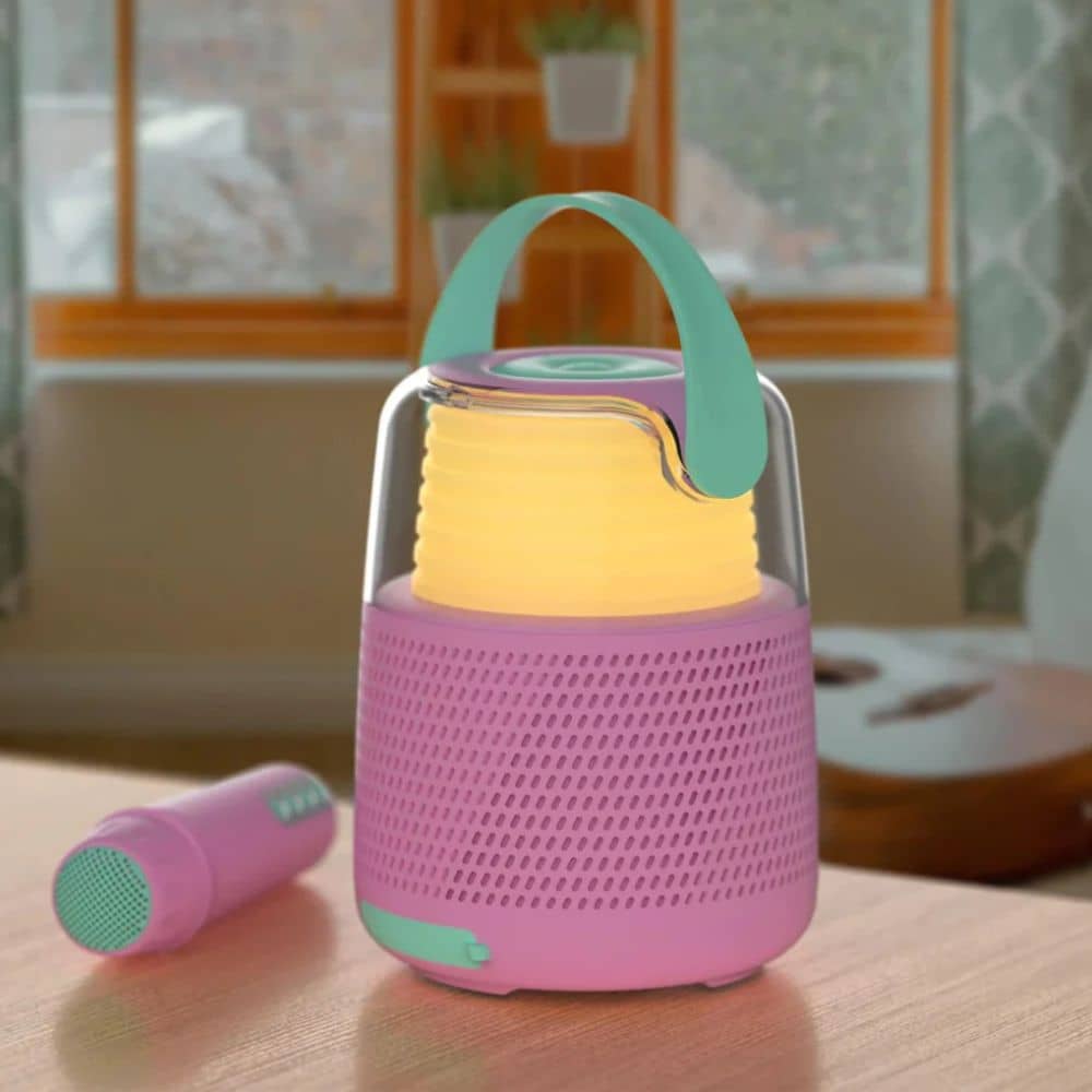 Karaoke sada s mikrofonem a reproduktorem s LED osvětlením – růžová
