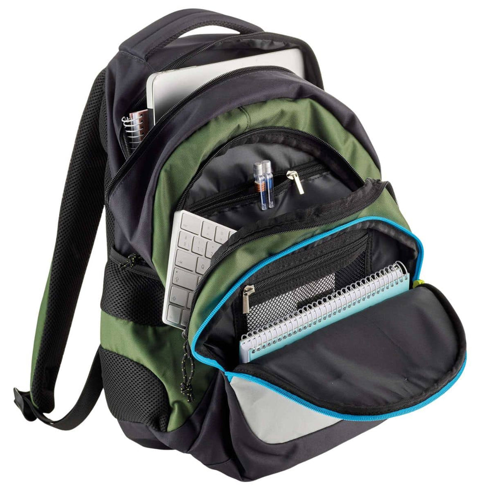 Velký tříkomorový školní batoh s USB portem – Berlin Rider Green (30L, kapsa na notebook)