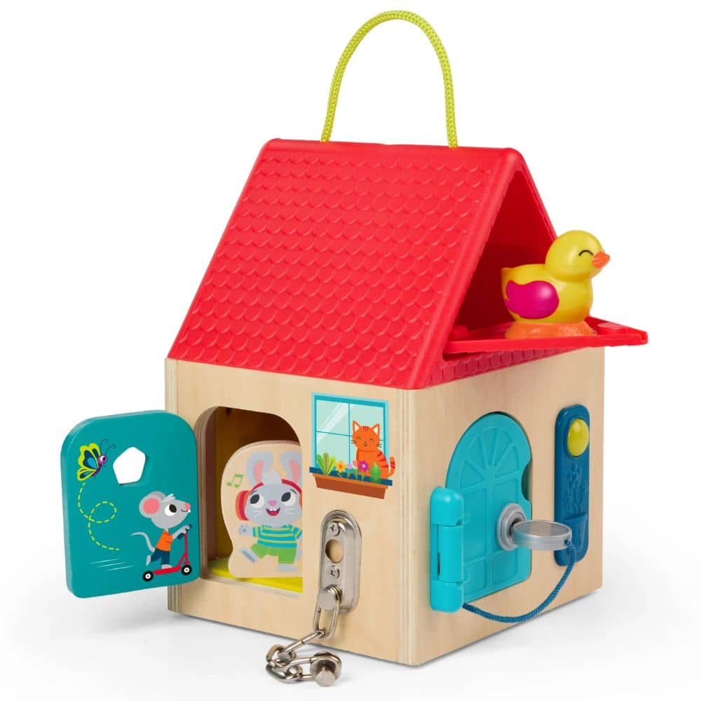 Dřevěný domeček na hraní se zámky – Box pro odemykání a učení
