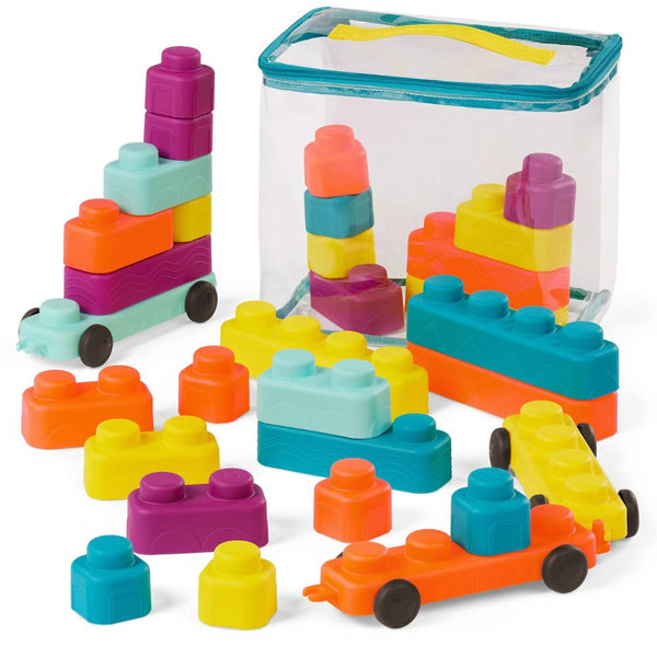 Měkké senzorické kostky s vagónky B. Toys – Buildin' Squishies
