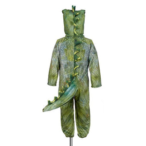 Rückansicht des T-Rex-Overalls mit Rückenstacheln und Schwanz