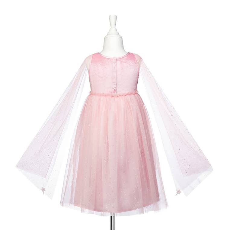 Rosa Feenkleid Silvianne mit Glitzeroberteil und langen Tüllärmeln auf einer Schneiderpuppe