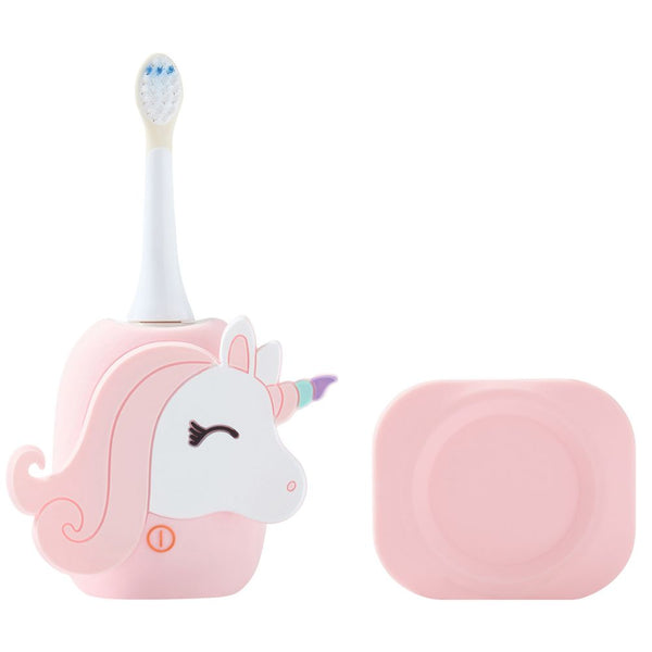 Schallzahnbürste Einhorn von The Zoofamily und Ladestation nebeneinander