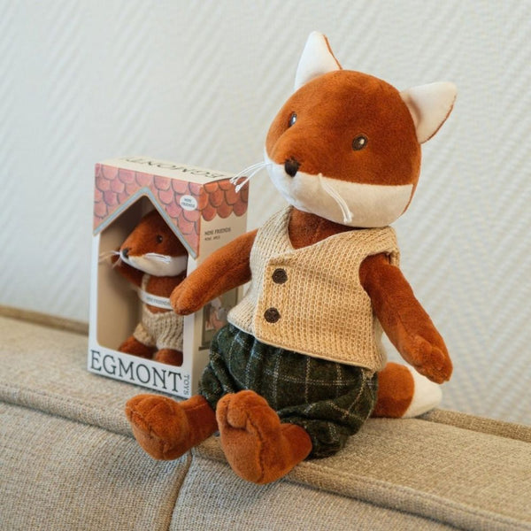 Großer Fuchs Max sitzt neben Mini Max im Geschenkkarton
