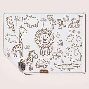 Ausmalseite Safari mit Löwe, Giraffe, Elefant und Zebra