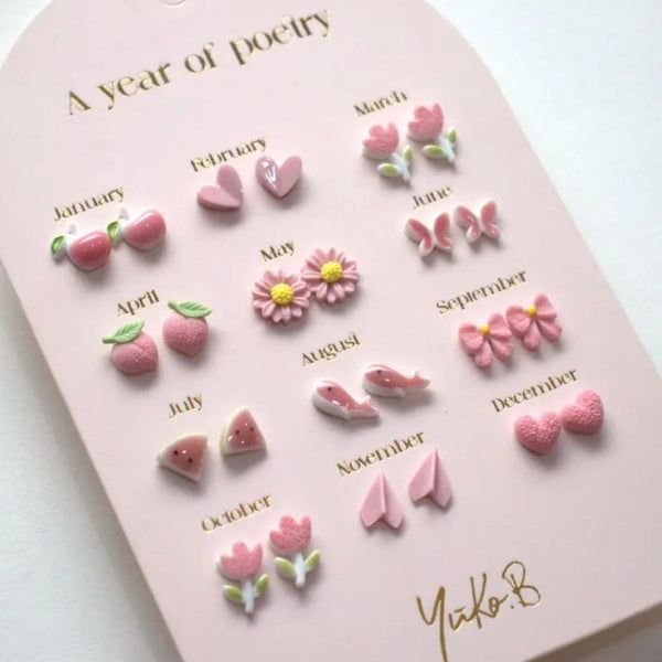 Yuko B. Ohrstecker-Set Poesie-Jahr Rosa mit 12 Paar - Ansicht 3