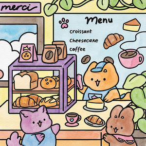 Aquarell-Motiv: Bäckerei mit Croissants und Tierfreunden