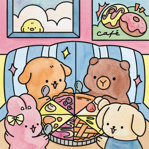 Aquarell-Motiv: Tierfreunde teilen einen Kuchen im Café