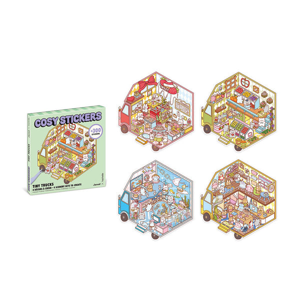 Janod Cosy Stickers Tiny Trucks - Verpackung und fertige Szenen