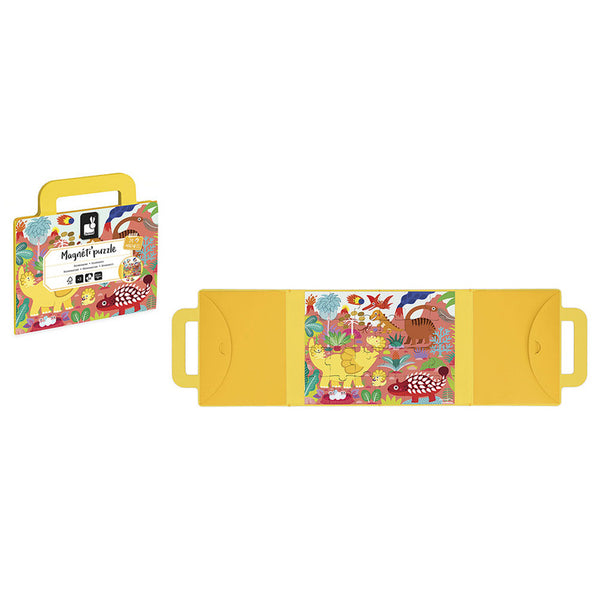 Janod Magnetpuzzle Dinosaurier - Verpackung und aufgeklapptes Puzzlebuch