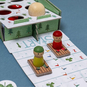 Londji Snow Race - Startkasten mit Holzkugel und Spielfigur auf dem Schlitten