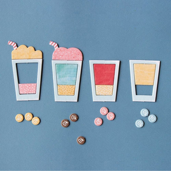 Londji Shakes - vier Becher mit Zutaten-Plättchen und Spielmarken