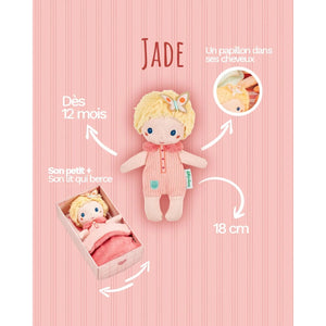 Infografik zur Mini-Puppe Jade von Lilliputiens: 18 cm, ab 12 Monaten, mit Bettchen
