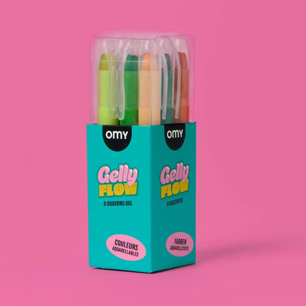 Verpackung der Gelstifte Gelly Flow von OMY auf rosa Hintergrund