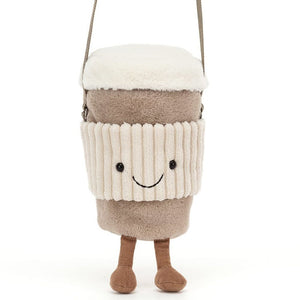 Jellycat Coffee-to-go-Umhängetasche, Vorderansicht mit langem Riemen