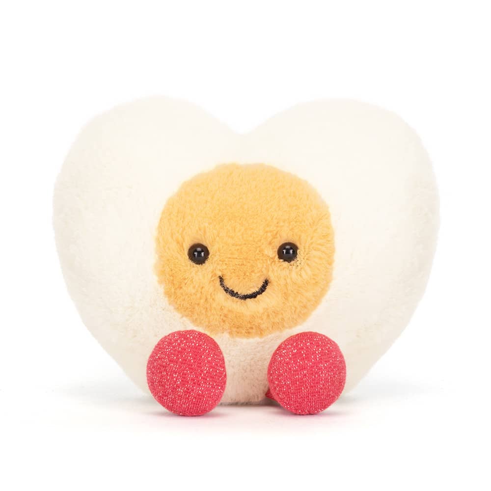 Jellycat Plüsch Ei Herz mit süßem Gesicht und glitzernden Füßen, ideal zum Kuscheln.