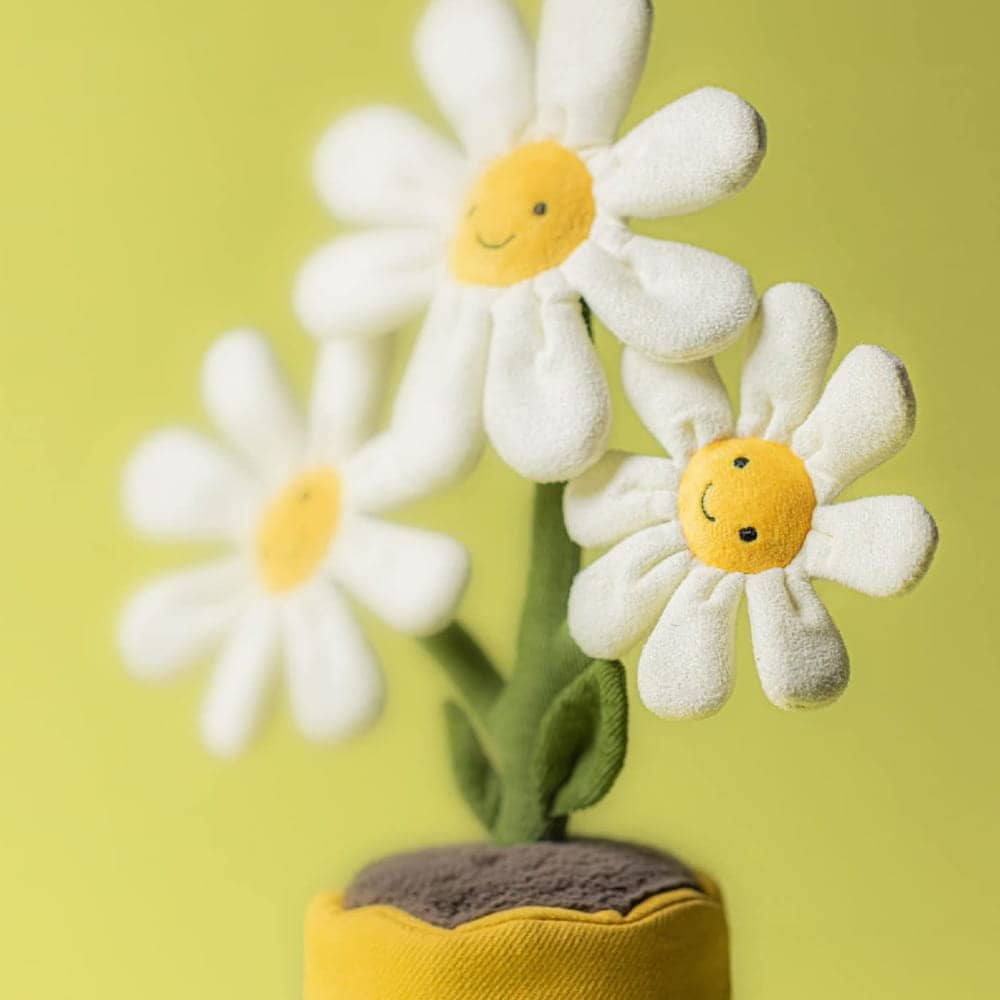 Jellycat Plüsch Gänseblümchen in einem gelben Topf mit drei lächelnden Blumen für Kinder