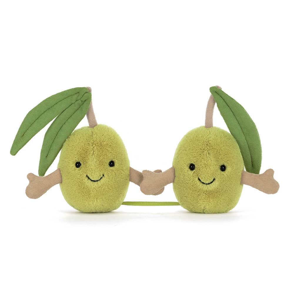 Kuschelige Plüsch Oliven Jellycat mit lächelnden Gesichtern und fröhlichen Blättern