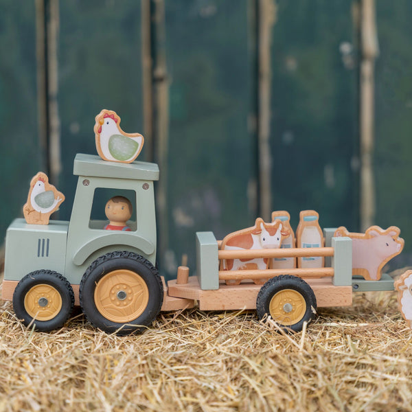 Dřevěný traktor s přívěsem a figurkami – Herní sada Little Farm