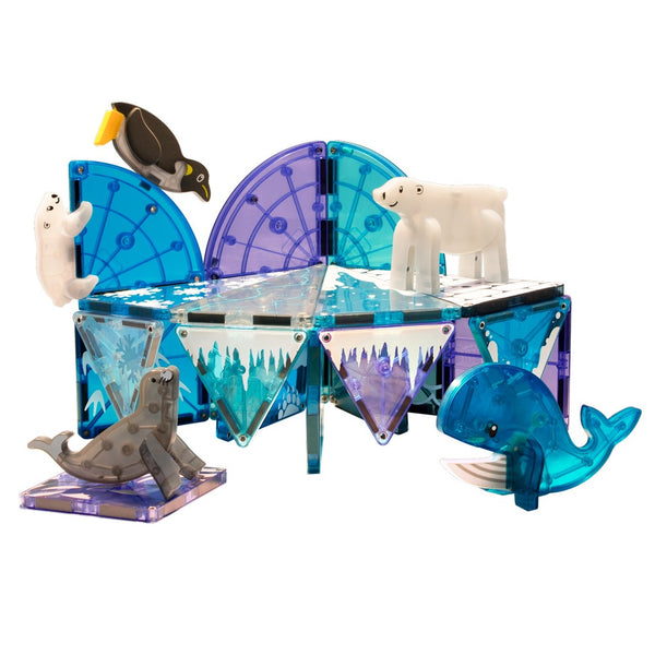 MAGNA-TILES Magnetbausteine arktische Tiere Set mit Eisbären, Robben und Walen auf einer Spielplattform