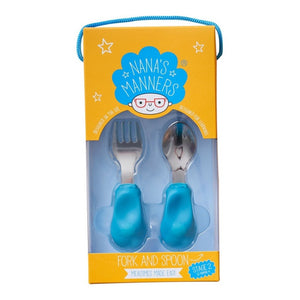 Gabel und Löffel STUFE 2 – Blau von Nana's Manners im praktischen Verpackungsetui