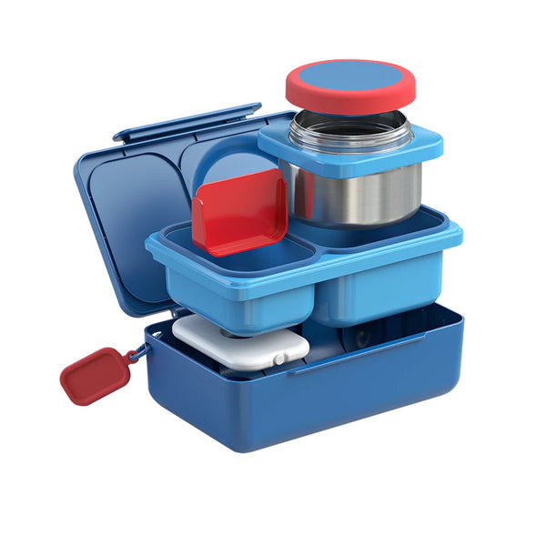 Lunchbox mit Thermosbehälter OmieBox Up – Cosmic Blue geöffnet mit mehreren Fächern und isoliertem Edelstahlbehälter