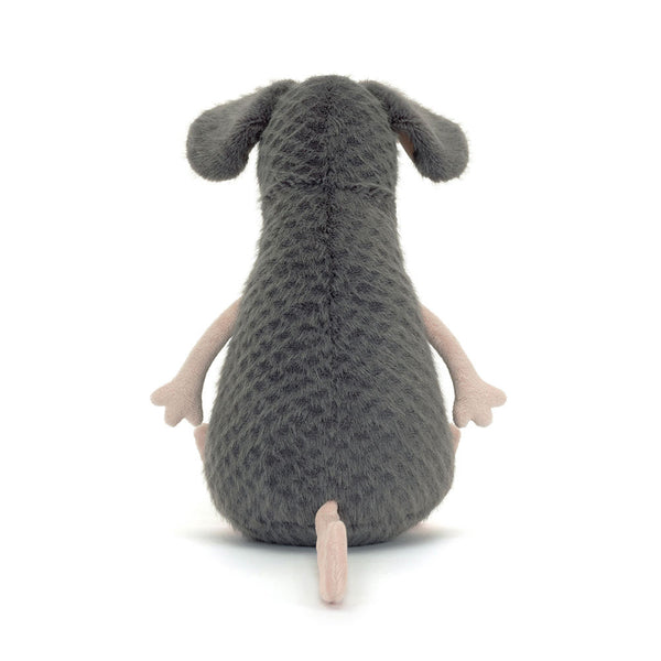 Jellycat Plüschratte – Traurig 27 cm von hinten, weiches graues Kuscheltier mit rosa Armen und Schwanz