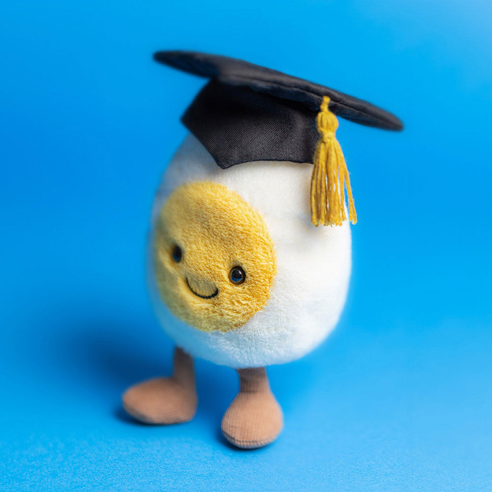 Jellycat Plüsch-Ei – Absolvent 14 cm mit schwarzem Doktorhut und fröhlichem Gesicht