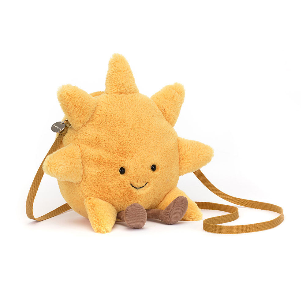 Jellycat Plüsch-Umhängetasche – Lächelnde Sonne in Gelb mit braunem Träger