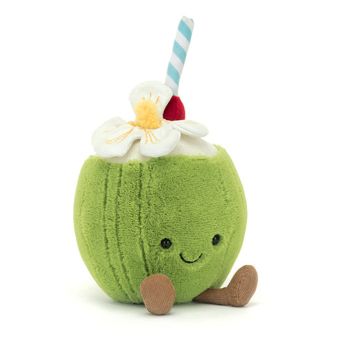 Jellycat Plüschtier Lustige Kokosnuss 15 cm grün mit Blüte und Strohhalm