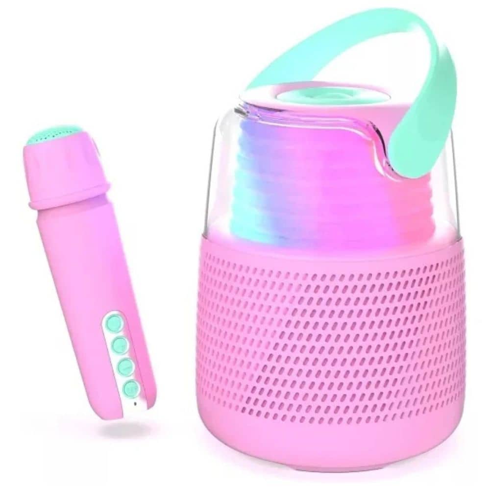 Karaoke sada s mikrofonem a reproduktorem s LED osvětlením – růžová