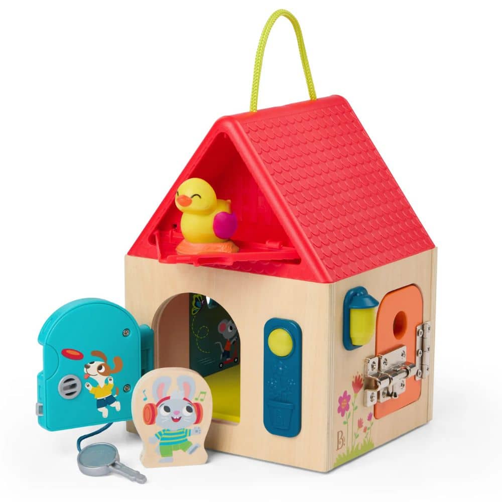 Dřevěný domeček na hraní se zámky – Box pro odemykání a učení