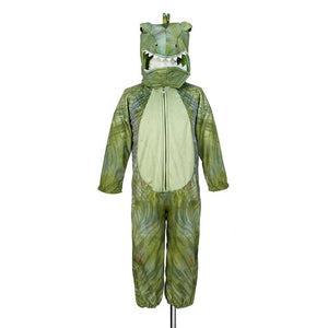 Olivgrüner Kigurumi-Overall T-Rex mit Dino-Kapuze und hellgrünem Bauch, Vorderansicht