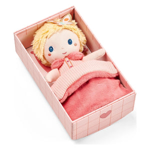 Mini-Puppe Jade von Lilliputiens in der Schachtel unter der Decke