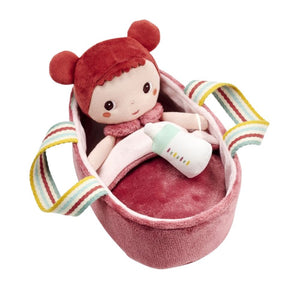 Babypuppe Pop Mio von Lilliputiens im Tragekörbchen mit Fläschchen