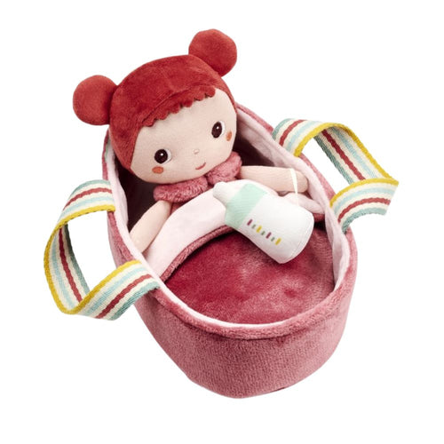 Babypuppe Pop Mio von Lilliputiens im Tragekörbchen mit Fläschchen