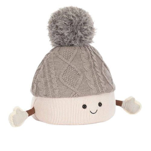 Jellycat Plüsch-Bommelmütze in Beige mit Gesicht und Ärmchen, 26 cm