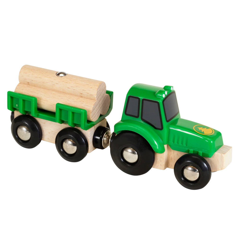 Traktor s přívěsem a dřevěný nakladač