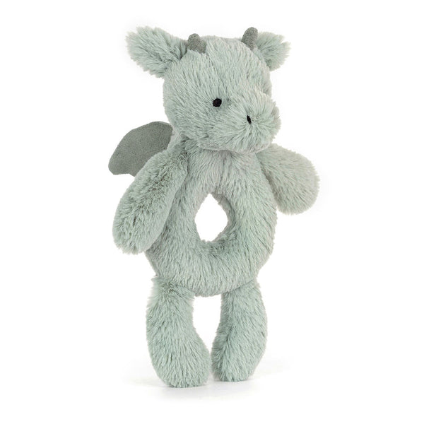 Jellycat Rassel Drache – Mintgrau 18 cm weiches Plüschspielzeug für Babys